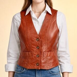 Wilsons Women 10 Vintage Leather Vest Western Style Brown Button Up Belted READ